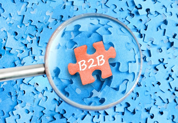 A puzzle piece marked with B2B viewed under a magnifying glass